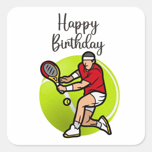 Tennisball mit Happy Birthday Quadratischer Aufkleber (Vorderseite)