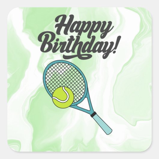 Tennisball mit Happy Birthday Quadratischer Aufkleber (Vorderseite)