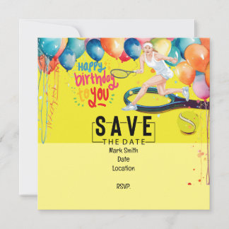 Tennisball mit Schläger am gelben Geburtstag Einladung