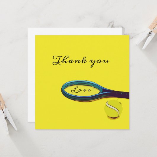 Tennisball mit Schläger auf Gelb Danke Karte (Vorderseite/Rückseite Beispiel)