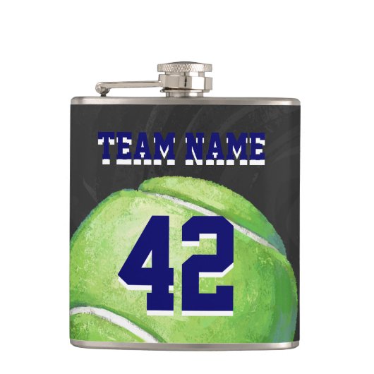 Tennisball mit Teamname und -nummer Flachmann (Vorderseite)