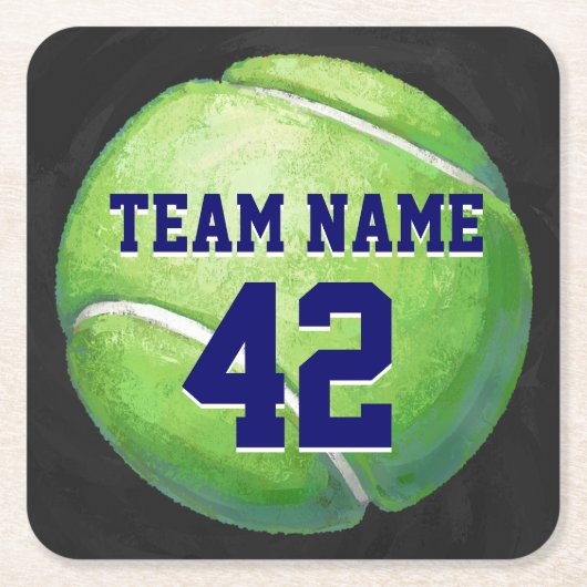 Tennisball mit Teamname und -nummer Rechteckiger Pappuntersetzer (Vorderseite)