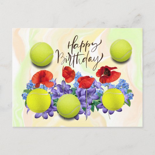Tennisball mit viel Blume zum Geburtstag Postkarte (Vorderseite)
