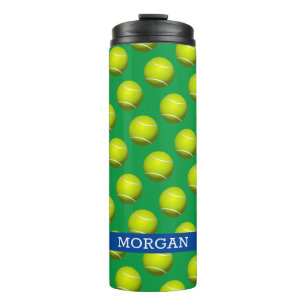 Tennisball-Muster, weißer Name, Blau & Grün Thermosbecher
