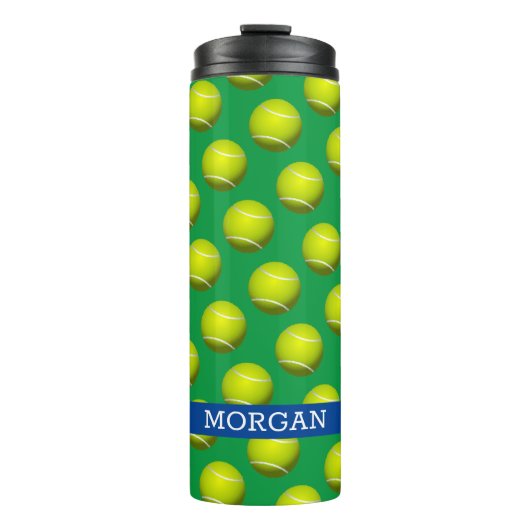 Tennisball-Muster, weißer Name, blau und grün Thermosbecher (Vorderseite)
