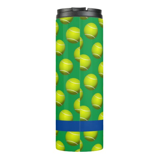 Tennisball-Muster, weißer Name, blau und grün Thermosbecher (Rückseite)