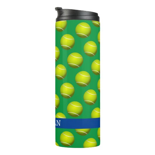 Tennisball-Muster, weißer Name, blau und grün Thermosbecher (Nach rechts gedreht)