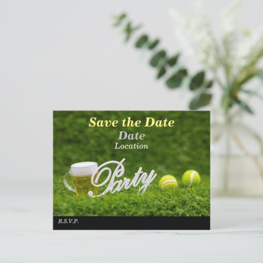 Tennisball und Bier Save the Date für Party Postkarte (Stehend Vorderseite)