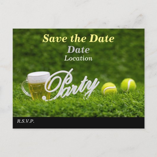 Tennisball und Bier Save the Date für Party Postkarte (Vorderseite)