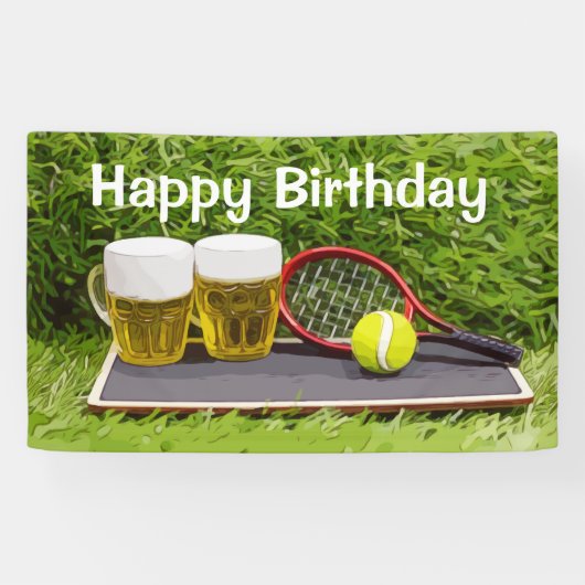 Tennisball und Glas Bier Geburtstagsparty Banner (Horizontal)