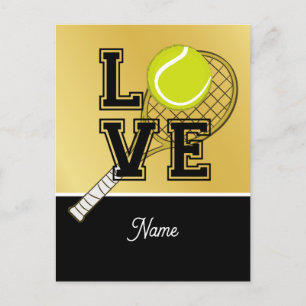 Tennisball und Schläger mit LIEBE für den Spieler Postkarte