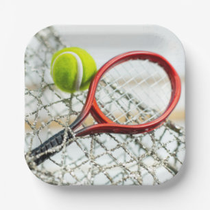 Tennisball und Schlägerleben ist besser auf dem Pl Pappteller