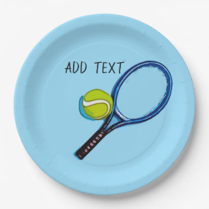 Tennisball und Turnschuh auf blauem Hintergrund Pappteller