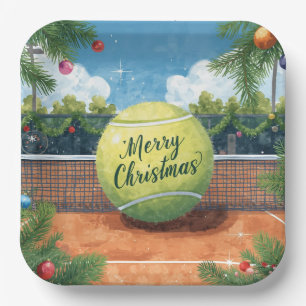 Tennisball-Weihnachten auf dem Spielfeldhintergrun Pappteller