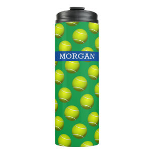 Tennisballmuster, weißer Name, Blau und Grün Vs 2 Thermosbecher