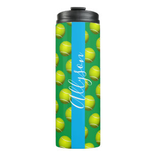 Tennisballmuster, weißer Name, Himmelblau und Grün Thermosbecher