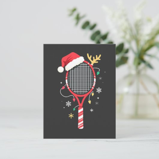 Tennissattel mit Weihnachtsmannmütze und Weihnacht Postkarte (Stehend Vorderseite)