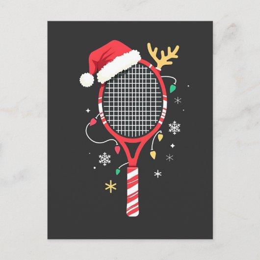 Tennissattel mit Weihnachtsmannmütze und Weihnacht Postkarte (Vorderseite)
