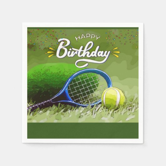 Tennisschläger mit Ball Happy Birthday Serviette (Vorderseite)