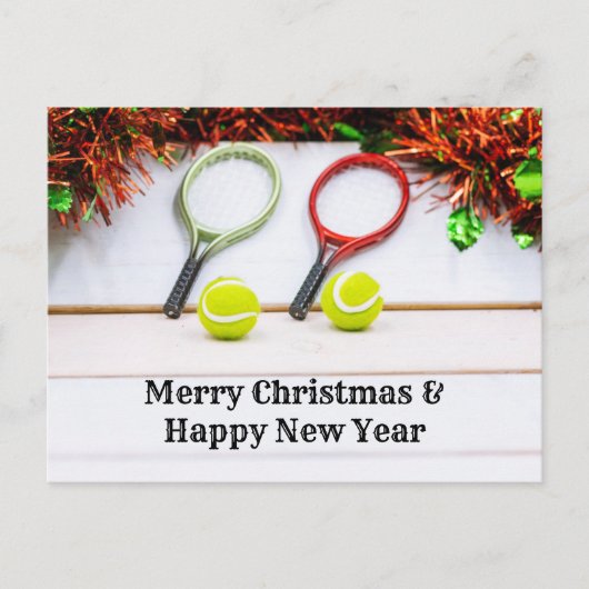 Tennisschläger mit Weihnachtsdekoration Postkarte (Vorderseite)