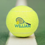 Tennisschläger und Ball-Blau-Zyan-Grafik Tennisbälle<br><div class="desc">Helle Tennisschläger und Ball mit eigenem Namen unter grafisch bedrucktem Ball. Original grafische Kunst und Design von Sarah Trett für www.mylittleeden.com auf Zazzle.</div>