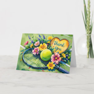 Tennisschläger und Ball mit rotem Liebe Dankeskarte