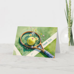 Tennisschläger und Ball mit rotem Liebe Dankeskarte