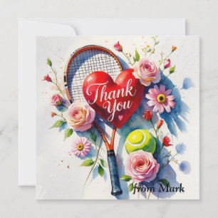 Tennisschläger und Ball mit rotem Liebe Dankeskarte