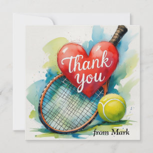 Tennisschläger und Ball mit rotem Liebe Dankeskarte
