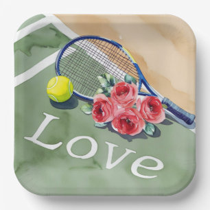 Tennisschläger und Ball mit Wort-LIEBE auf dem Pla Pappteller