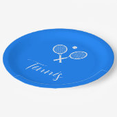 Tennisschläger und Ball Ultramarine Blue Pappteller (Schrägansicht)