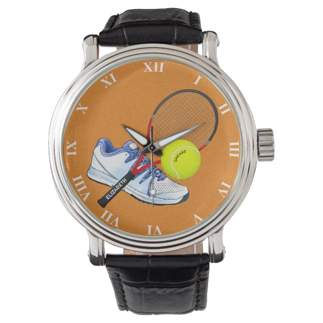 Tennisschuh-Ball und Racket mit eigenem Text Armbanduhr (Vorderseite)