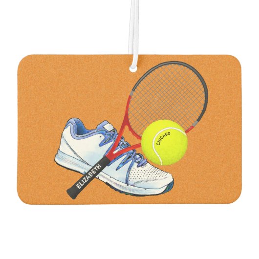 Tennisschuh-Ball und Racket mit eigenem Text Autolufterfrischer (Rückseite)
