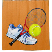 Tennisschuh-Ball und Racket mit eigenem Text Duschvorhang (Vorderseite)
