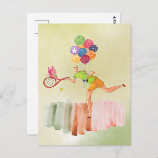 Tennisspieler und Ballon zum Geburtstag Postkarte (Vorne/Hinten)