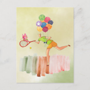 Tennisspieler und Luftballon zum Geburtstag Aquare Postkarte
