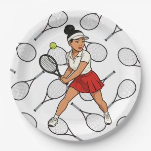 Tennisspielerin spielt Tennis Pappteller