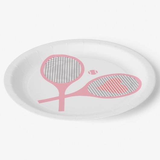 Tennisspielgeräte für Pastellherz und Balldesign Pappteller (Schrägansicht)