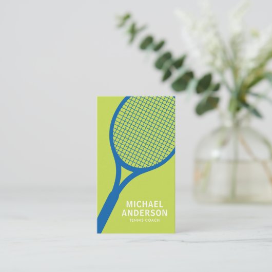 Tennistrainer-Visitenkarte mit Rakete, blau, grün Visitenkarte (Stehend Vorderseite)