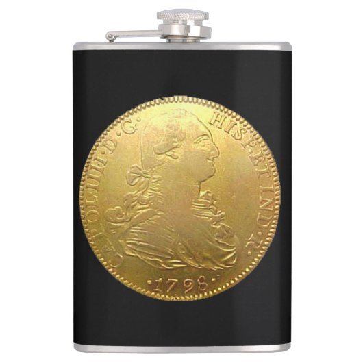 Tequila Spanish Gold Doubloon auf Black Flask Flachmann (Vorderseite)