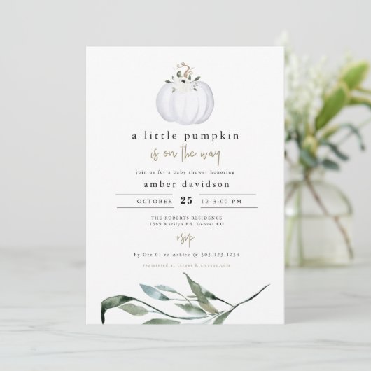 TERA Fall Greenery White Pumpkin Baby Shower Einladung (Stehend Vorderseite)