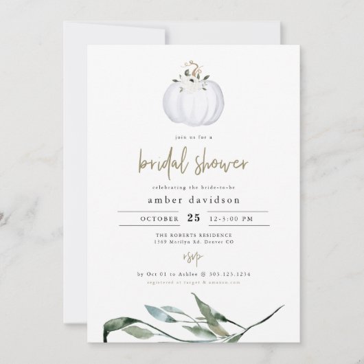 TERA Fall White Pumpkin Greenery Brautparty Einladung (Vorderseite)