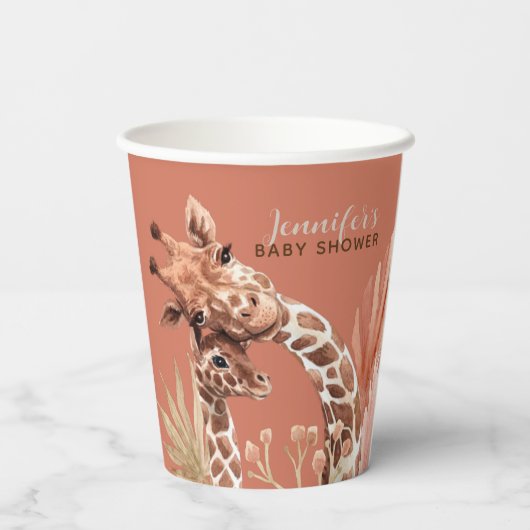 Teracotta Boho Giraffe Babydusche Papiertüten Pappbecher (Rückseite)