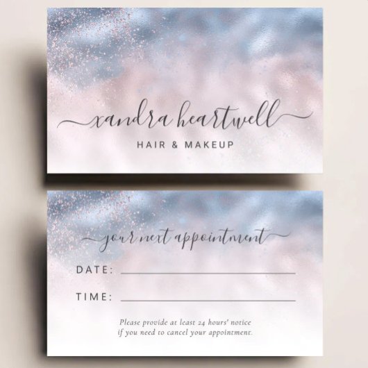 Termin im Blue Blush Shimmer Script Haarstudio Visitenkarte