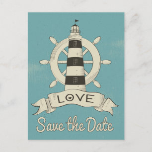 Termin vormerken: Blaue Leuchtturm-Hochzeit Postkarte