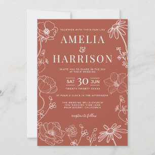 Terra Cotta Burnt Orange Floral Line Art Wedding Einladung