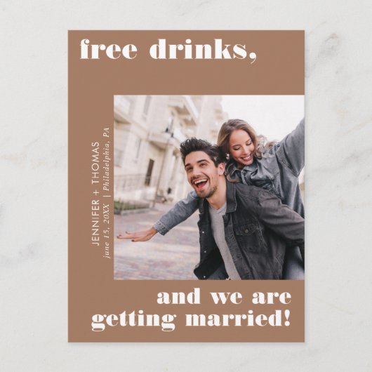 Terra Cotta Funny Free Drinks Foto Save the Date Postkarte (Vorderseite)