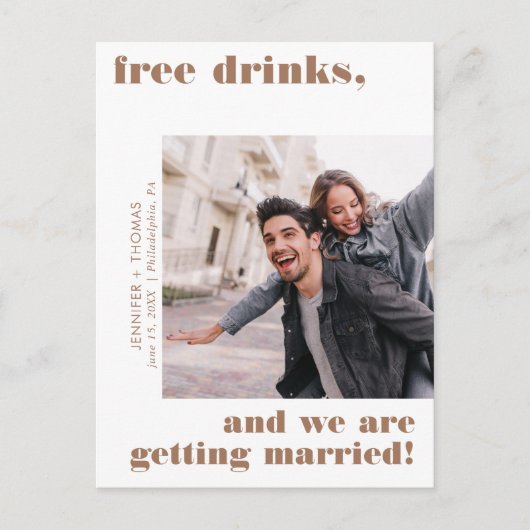 Terra Cotta Funny Free Drinks Foto Save the Date Postkarte (Vorderseite)
