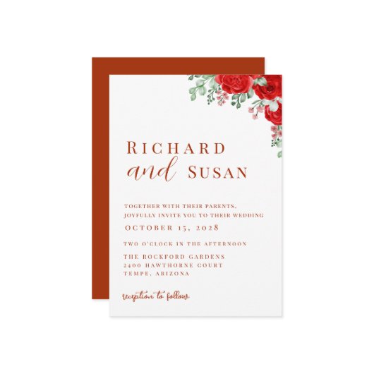 Terra Cotta Red Elegante Blume Wedding Einladung (Vorderseite/Rückseite Beispiel)