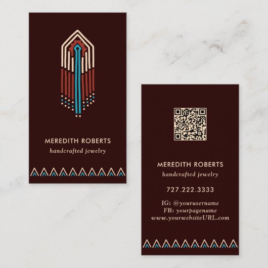 Terra Cotta Turquoise Tribal Design QR Code Visitenkarte (Vorne/Hinten)